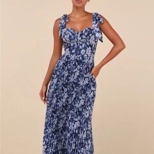 NWT Lulus Illustrious Aura Navy Blue Floral Bustier Tie-Strap Maxi Dress